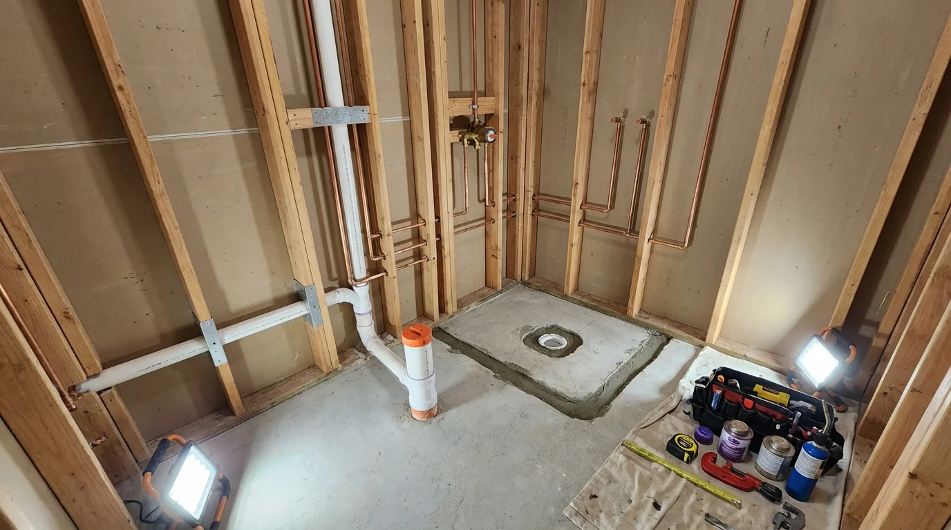 Bathroom rough-in plumbing during remodel by Johns Plumbing LLC in Moretown