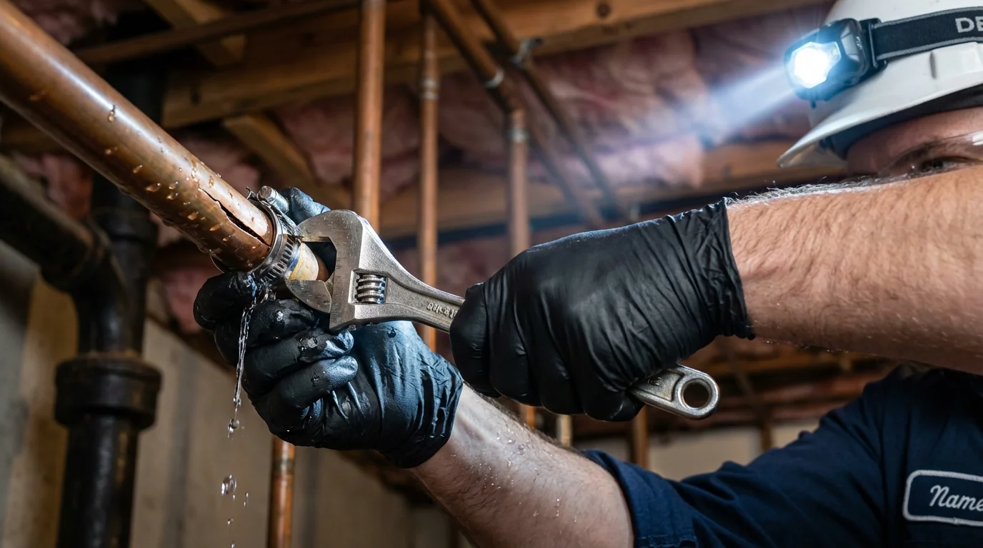 Emergency pipe clamp repair being performed by a Johns Plumbing LLC plumber in Moretown