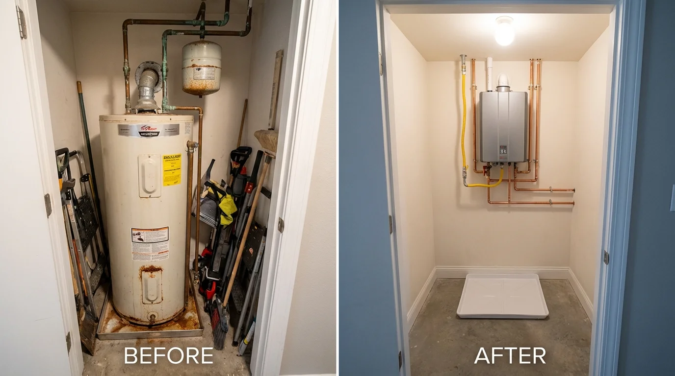 Tank water heater versus wall-mounted tankless unit comparison for Moretown, VT homeowners