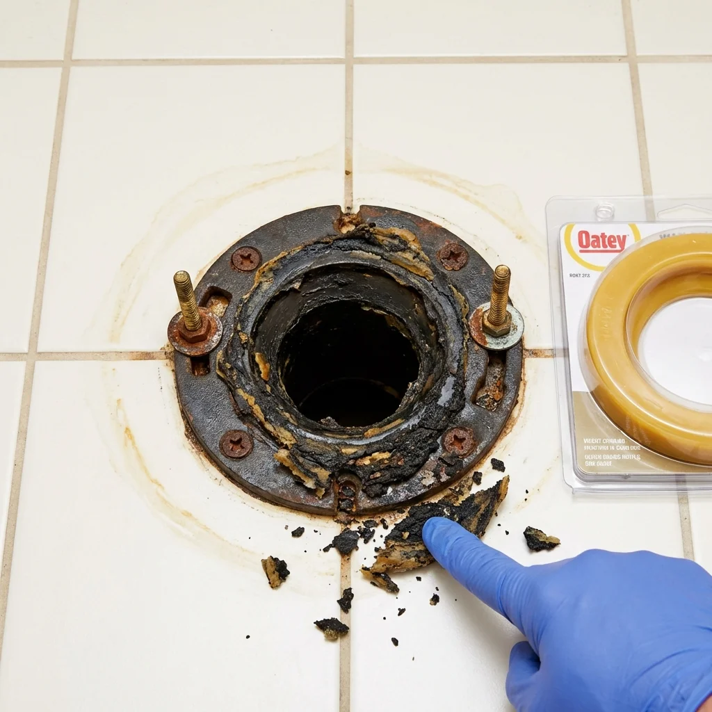 Failed wax ring showing water seepage at the base of a toilet in a Moretown, VT home