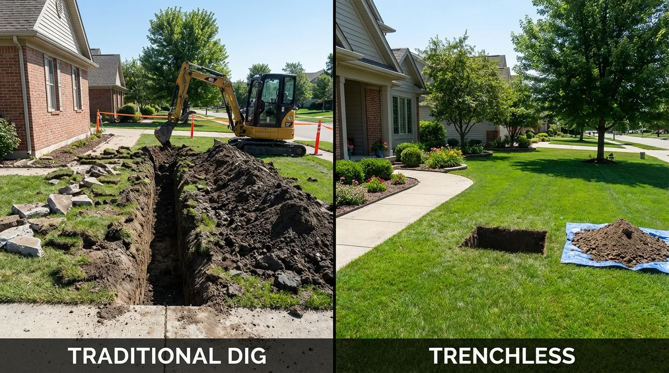 Trenchless sewer repair with minimal yard damage versus traditional excavation in Moretown, VT