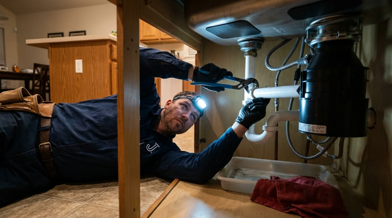 P-trap and supply line connections under a kitchen sink showing a common leak point in Moretown, VT